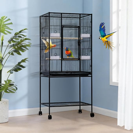 Large Bird Cage, 54" H Big Bird Cage with Stand for Parakeets Parrots Conures Lovebird Cockatiel Black