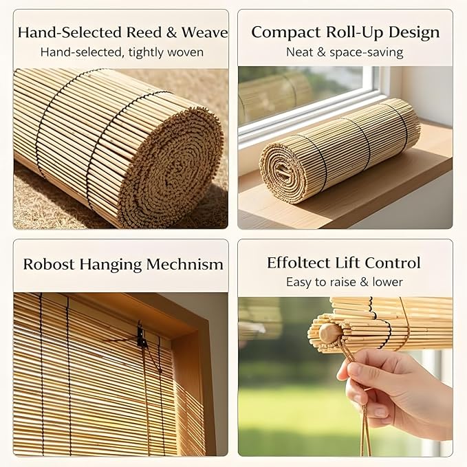 Blackout Bamboo Roller Shades for Outdoor Patio Reed Roll Up Blinds 24" 36" 48"