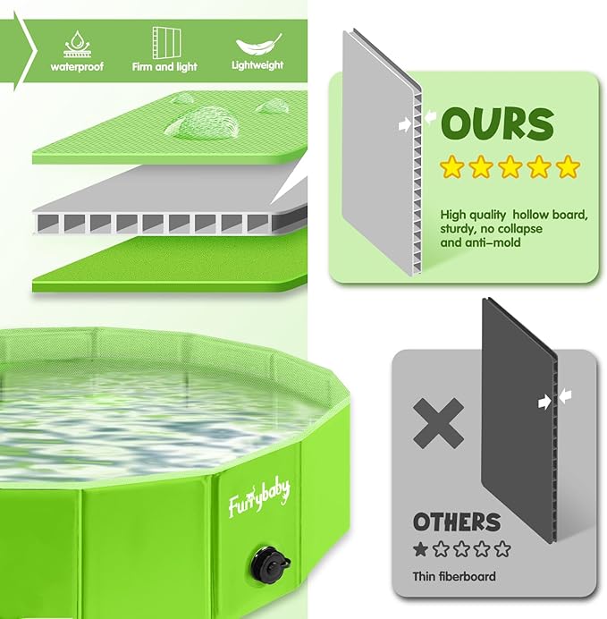 Furrybaby Dog Pool, Kiddie Pool with Hard Plate Collapsible Pet Bath Foldable Swimming Pet Pool Portable Green 32''