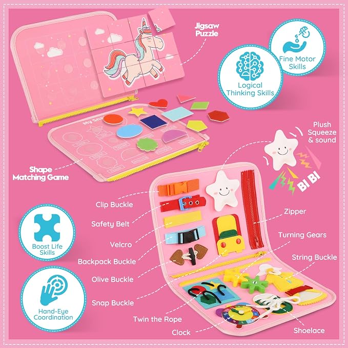 Toddler Sensory Busy Board: Travel Toy Activity Book for Girls Boys, Motor Skill Development Gift for Baby Aged 3-4 Years, Fine Educational Preschool Montessori Learning Toy for Car Airplane Unicorn