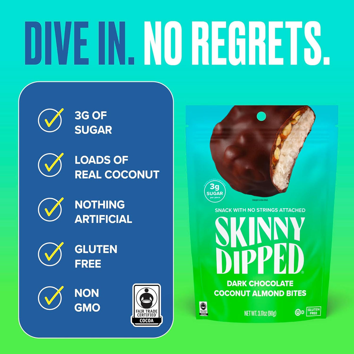 SkinnyDipped Dark Chocolate Coconut Almond Bites, Low Sugar Chocolate Coconut Bar, 3.17oz Resealable Bags, Pack of 4 (24 Bites Total)