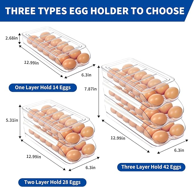 MesRosa Egg Holder for Fridge, Automatic Rolling Egg Organizer for Refrigerator, Clear Plastic Egg Container & Tray, Stackable Dispenser and Storage with Sturdy Lid to Saving Space -1 Layer