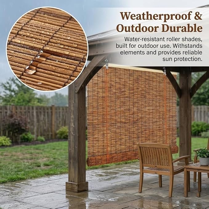 Bamboo Roller Shades for Outdoor Patio, Outside Waterproof Sun Shade, Privacy