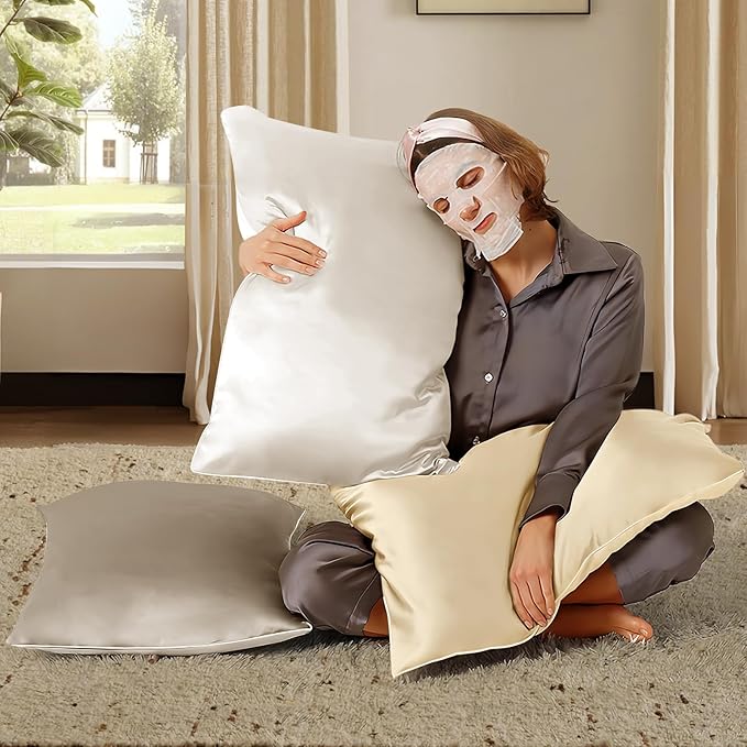 BHZ Satin Goose Down Feather Pillows King Size with Satin Pillowcase for Hair and Skin, Cooling Pillow Cases Similar to Silk Pillow Cases, Decorative for Women, Mom Men, Grey