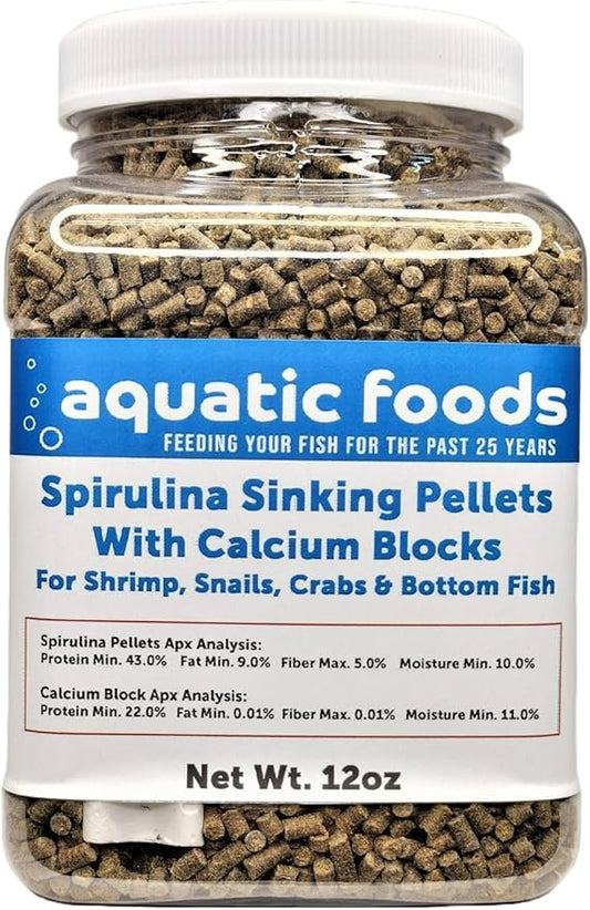 Aquatic Foods Inc. Calcium Blocks Included in These Spirulina Sinking Pellets for Shrimp, Snails, Crabs, Catfish, Plecos for All Tropical Fish 1/16" x 3/8" Pellets by Zeigler.12oz Small Jar