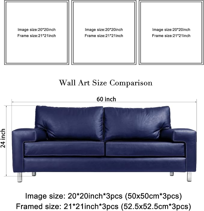 Wieco Art Framed Wall Art Blue Abstract Flowers 3 Panels Canvas Prints Home Art