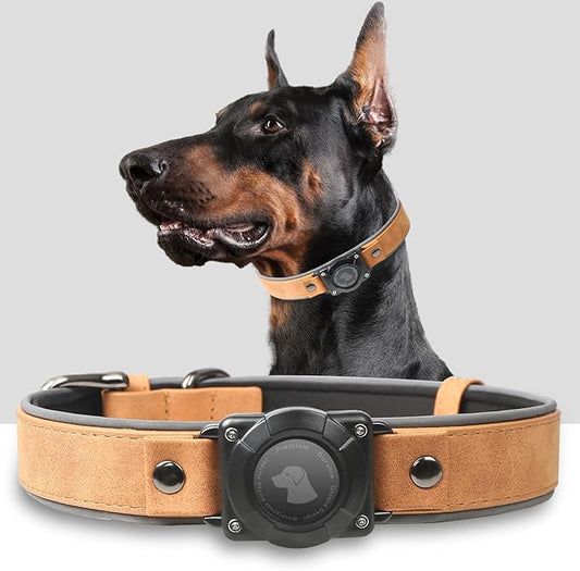 AirTag Dog Collar - Leather Dog Collar with Air Tag Holder | IPX8 Waterproof, Reflective, High - End, Adjustable Soft Padded | Dog GPS Tracker Collars Fit for Medium Large Dogs (Light Brown, XL)