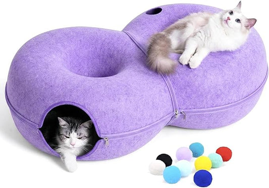 8-Shaped Large Cat Tunnel Bed for Indoor Cats, Infinite Circulation Peekaboo Cat Cave with 12 Toy Balls, Cat Donut Tunnel for Cats up to 30 Pounds (Purple, L(38x24x11in))