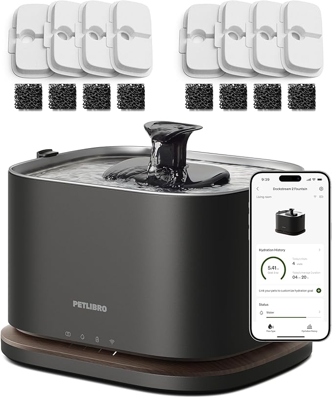 PETLIBRO Upgrade Cordless Cat Water Fountain + 8 Packs Genuine Cat Fountain Filter Replacement, App Monitoring 3L/101oz Dockstream 2 Pet Water Fountain with Stainless Steel Tray, 4-Month Set Easy-Swap