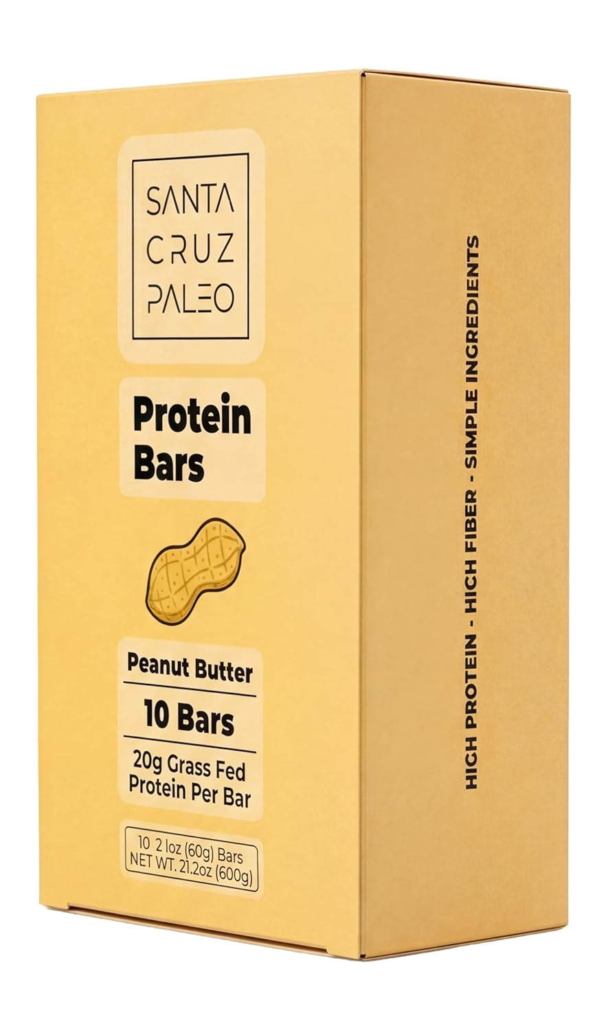 Santa Cruz Paleo Protein Bar – 20g Grass-Fed Whey & Collagen Protein – Wildflower Honey Sweetened, No Seed Oils, High Protein Snack Bar (Peanut Butter Flavor, Pack of 10)