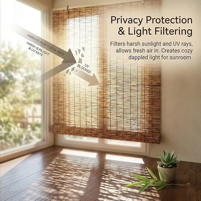 Bamboo Roller Shades for Outdoor Patio, Outside Waterproof Sun Shade, Privacy