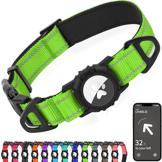 Joytale Airtag Dog Collar, Reflective Pet Collar with Waterproof AirTag Holder, Dual D-Rings, Soft Padded Adjustable for Medium Dogs, Green, M