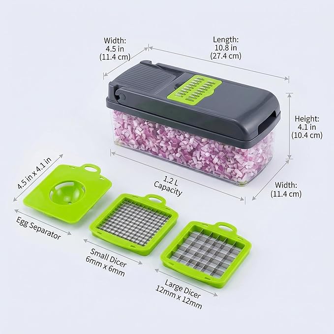 14-in-1 Vegetable Chopper and Onion Slicer, Mandolin Slicer with Container, Multi-Functional Food Dicer, Gray, Stainless Steel Blades
