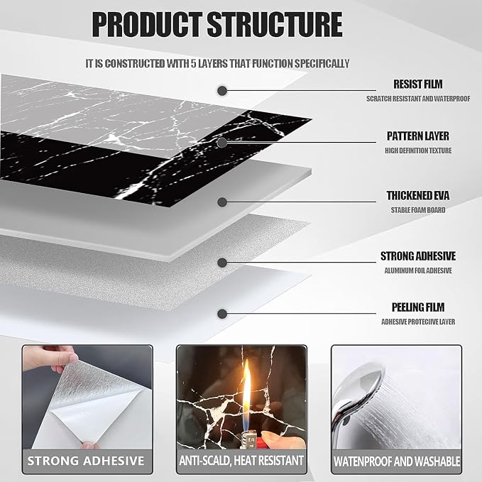 10pcs Peel and Stick Tile Shower Waterproof Marble Tiles Wall Panels,