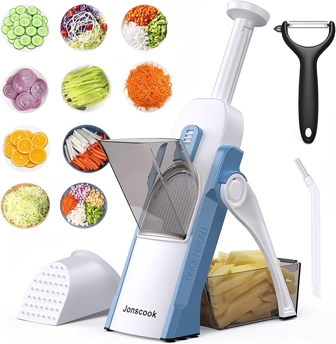 Safe Mandoline Slicer for Kitchen, Adjustable Thickness 0.1-8 mm, 5 in 1 Multi Vegetable Chopper, Potato Slicer, Food Chopper French Fry Cutte, with Paring Knife/Cleaning Brush, Mandolin (Haze Blue)