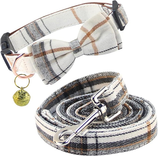 Yizepet Dog Collar and Leash Set-Plaid Puppy Collar with Bow Tie - Adjustable pet Collar for Dogs with Bell, Stylish Pattern for Small Medium or Large Boy and Girl Dog