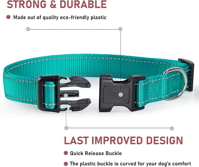 Reflective Dog Collar with Buckle Adjustable Safety Nylon Collars for Small Medium Large Dogs, Green XL