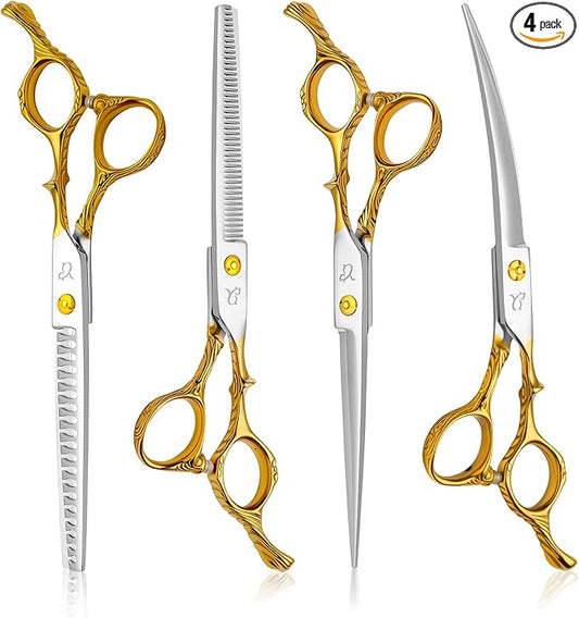 Dog Grooming Scissors,Chunkers Shears and Thinning Shears with Safety Round Tips, Sharp and Comfortable 4 in 1 Dog Scissors for Grooming