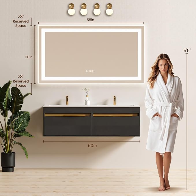 55X30 LED Bathroom Mirror with Lights, Backlit + Front Lit, Lighted Bathroom