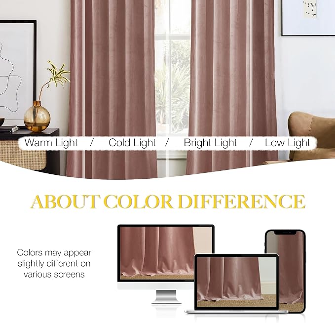 NICETOWN Dusty Pink Velvet Curtains 90 inches Long 2 Panels Set, Thermal
