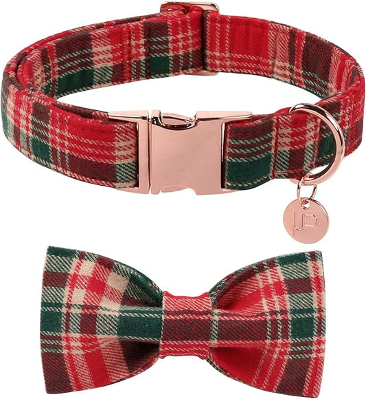 Christmas Plaid Dog Collar with Bow Tie– Adjustable Red & Green Checkered Dog Collar for Small Medium Large Dogs, Soft Xmas Plaid Puppy Collars with Quick Release Buckle XL