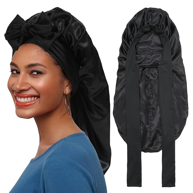 AWAYTR Long Satin Bonnet for Braids - Elastic Silk Hair Bonnets for Sleeping Night Cap Stretchy Tie Band for Women（Black）