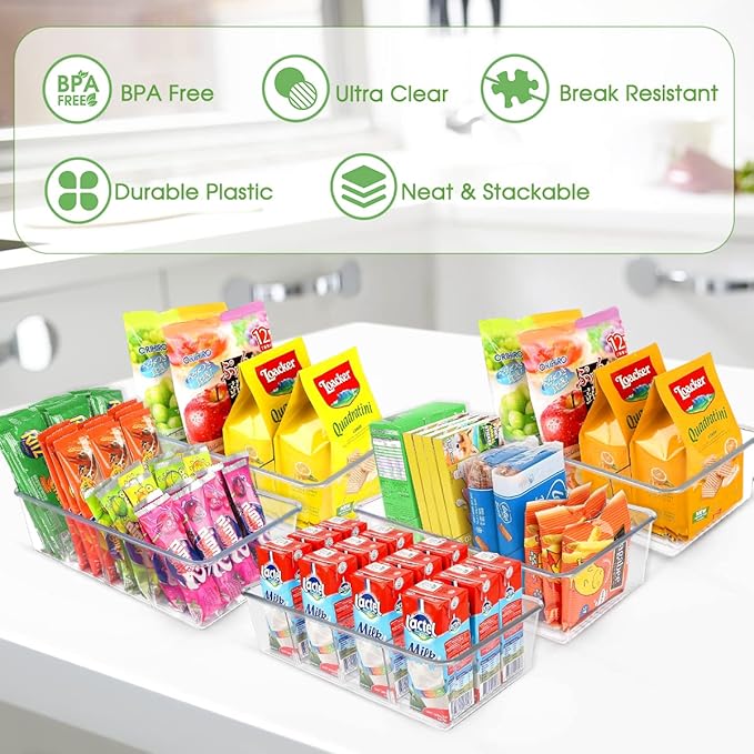 Clear Pantry Snack Organizer Bins with Dividers, 4 Pack