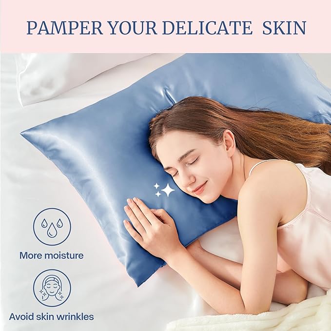 BEDELITE Satin Pillowcase for Hair and Skin, Super Soft and Cooling Similar to Silk Pillow Cases 2 Pack with Envelope Closure, Gift for Women Men(20"x30" Queen Size, Airy Blue)