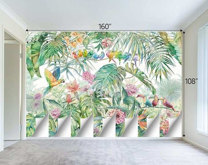 Tropical Green Botanical Flower Birds Leaf Wallpaper Bedroom Plant Floral Mural