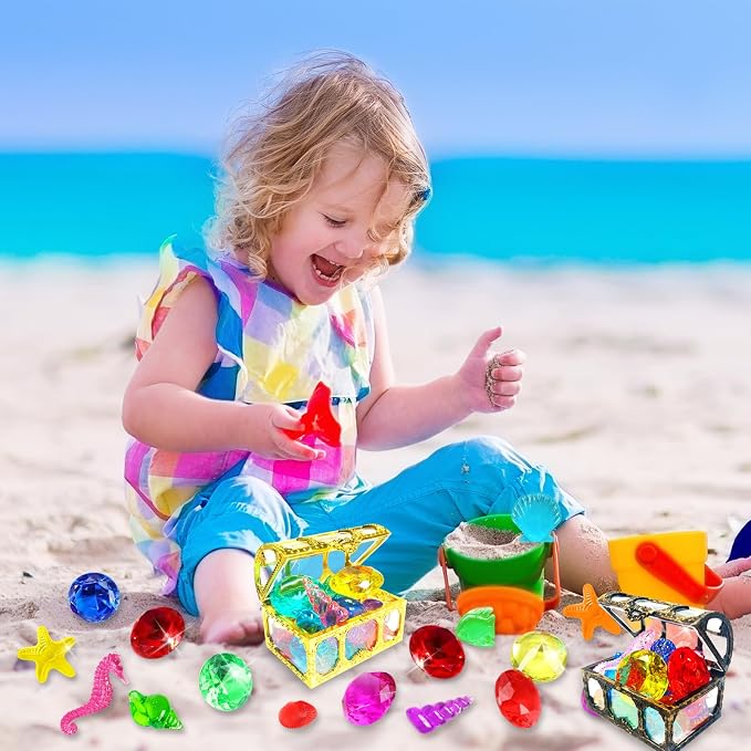 60Pcs Diving Gems Pool Toys Big Colorful Diamonds Set with Treasure Chest | Fake Plastic Acrylic Crystal Seashell & Gemstones, Underwater Mermaid Hunt Pirate Treasure Games for Kids, Purple and Silver