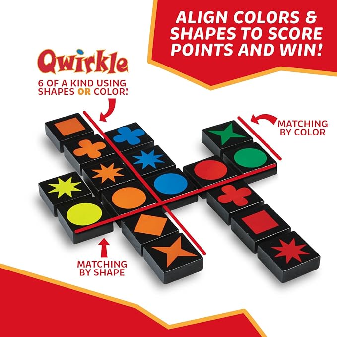 MindWare Qwirkle with Trays Strategy Board Game, 108 Wooden Tiles | Match colors and shapes to score in this family strategy game for 2-4 players. Includes 4 storage trays, ages 6+