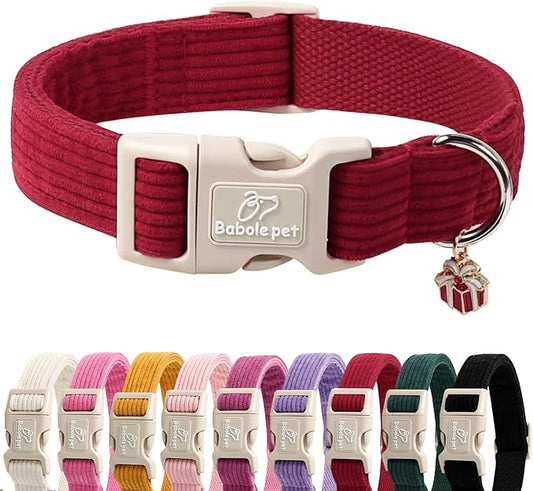 Cute Corduroy Dog Collar - Burgundy Adjustable Dog Collars for X-Large Dogs 80+lbs, Fade-Proof with Secure Snap & Little Charm, Christmas Birthday Gift, XL