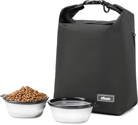 Dog Food Travel Bag,40-Cup Pet Food Storage Containers with 2PCS Collapsible Dog Travel Bowls,Waterproof Kibble Storage Container(Black, Large)