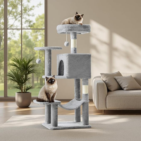 Cat Tree Tower 44 Inch, Small Cat Tower with Condo, Hammock, Sisal Scratching Posts, Extended Perch, Pet Play House for Indoor Kittens and Cats, Light Grey