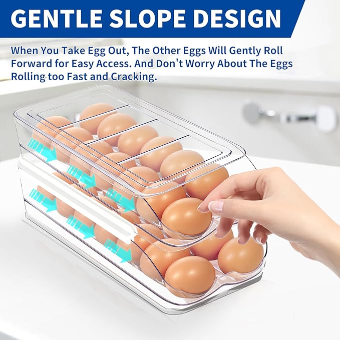MesRosa Egg Holder for Fridge, Automatic Rolling Egg Organizer for Refrigerator, Clear Plastic Egg Container & Tray, Stackable Dispenser and Storage with Sturdy Lid to Saving Space -1 Layer