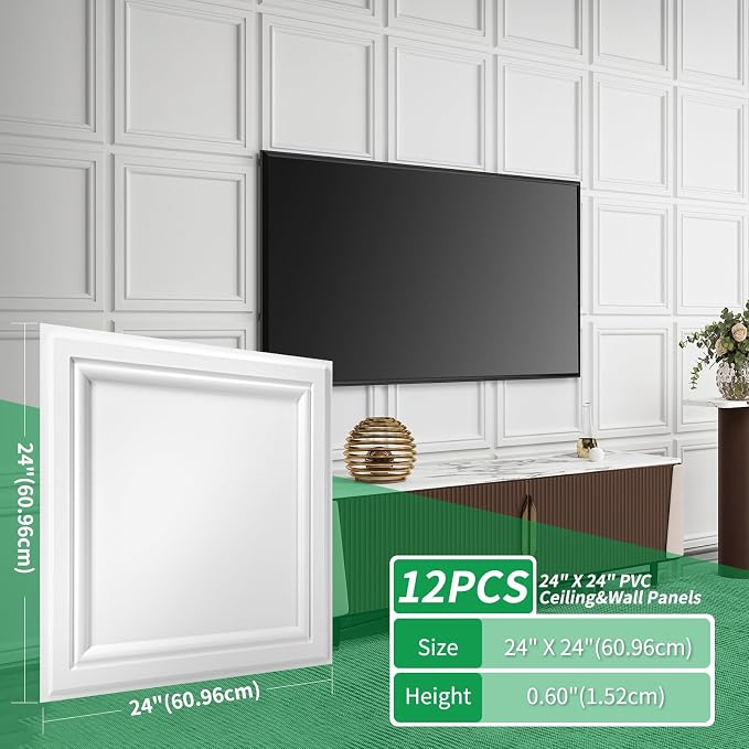 Art3d 12 Pack PVC Ceiling Tiles 24x24 Inches Waterproof Drop Ceiling Tiles/Wall