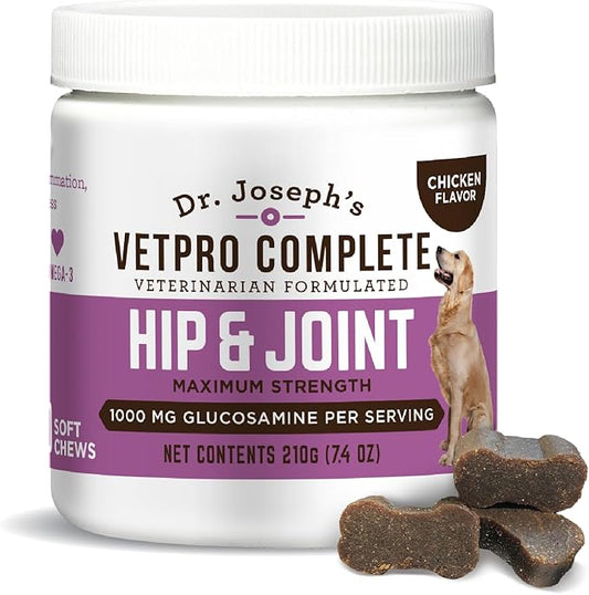 Dr. Joseph's VetPro Complete Dog Hip and Joint Supplement, 60 Count, Chicken Flavored Pain and Inflammation Relief Chews with Glucosamine, Chondroitin, MSM, Turmeric, Vitamin C, Omega 3