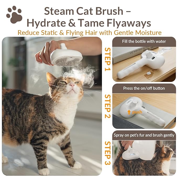 Pet Steam Brush, Self Cleaning Brush with Mist Spray, Deshedding Tool for Dogs & Cats, Pet Hair, Tangle-Free Grooming Brush for Long/Short Haired Pets