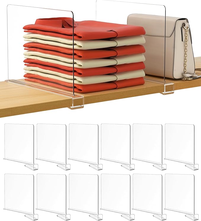 HBlife 12 Pcs Clear Acrylic Shelf Dividers, Vertical Purse Organizer for Closet Perfect for Sweater, Shirts, Handbags in Bedroom and Kitchen, Closet Separators for Organization Cabinet