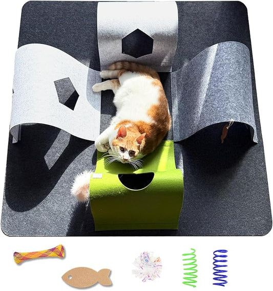 Interactive Cat Tunnel Toys for Indoor Cats,4-Way Felt Cat Tunnel Play Mat with Feathers & Bell 6 Pcs Cats Enrichment Toys Set Foldable Kittens Cave Hideout for Pet Hide & Seek (Dark Gray)