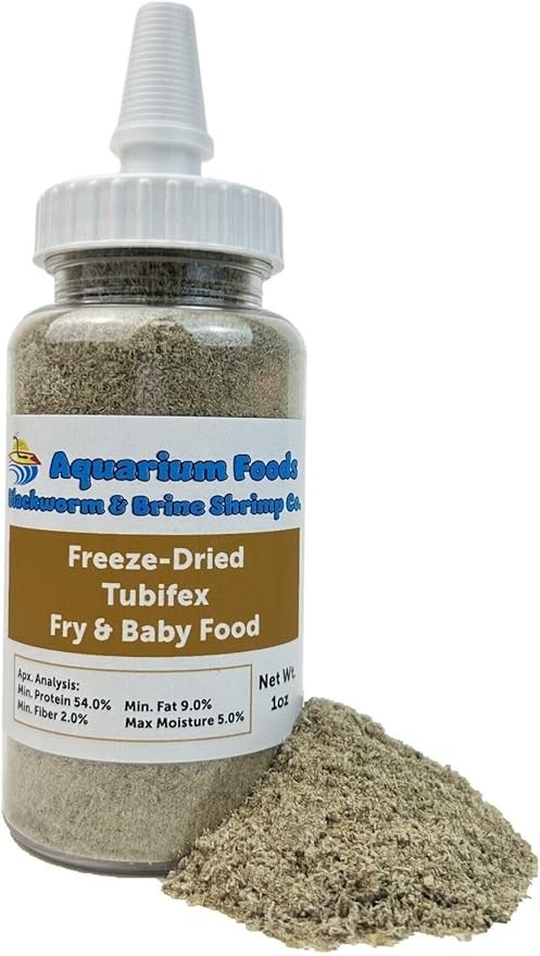 Aquatic Foods Inc. Tubifex Worm Powder Fry & Baby Food for Freshwater Fish, Marine Fish, Baby Pondfish, Corals, Anemones, All Tiny Nanofish, Fry and Babies…1oz Med Squeeze Bottle