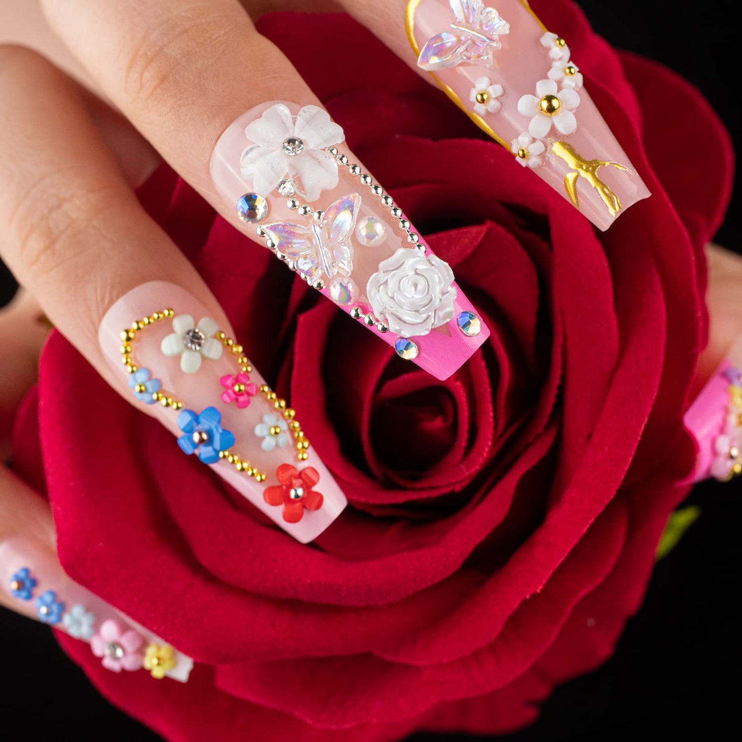 Mixed 3D Nail Art Gem Decoration Accessories Kit #6, Butterfly Starry AB Rhinestone Charm Jewelry for Deco, Pearl Flower Caviar Bead Stone Crystal with Dual-End Brush and Tweezer