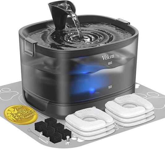 Veken Cat Water Fountain with Detachable Tank & Secure Clips, 6 Filters & Sponges, Easy to Clean & Assemble, 84oz/2.5L Quiet Pet Drinking Dispenser with LED Light for Cats, Dogs and Small Pets, Black