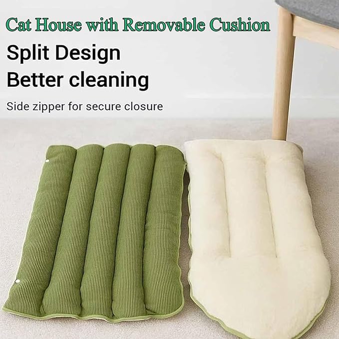 Expectation Cat Bed, Removable and Washable Winter Closed-Off Cat Bed, Soft Fluffy Warm Autumn/Winter Cats House, Washable Non-Slip Pet Sleeping Bag for Indoor Cats Small Dogs (Green,Medium)