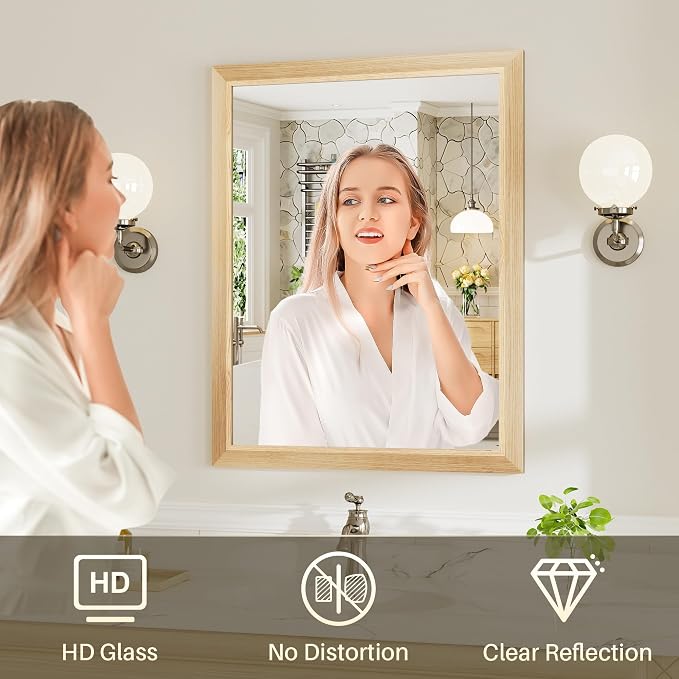 24x30 Inch Bathroom Mirror for Wall, Anti-Rust Oak Wood Grain Metal Framed