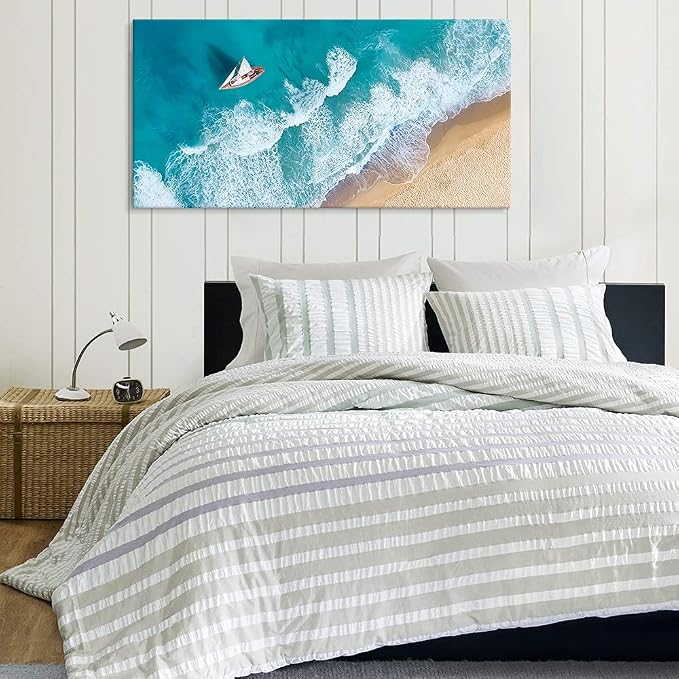 Goldfoilart Blue Ocean Sea Beach Canvas Wall Art Sailboat Painting Print on