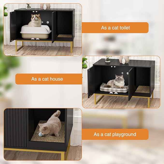 Cat Litter Box Enclosure, Fluted Hidden Litter Box Furniture with Scratch Pad and Metal Legs, Modern Enclosed Cat Cabinet, 31.5 x 17.7 x 21.7 Inches Indoor Pet House for Living Room, Washroom, Black