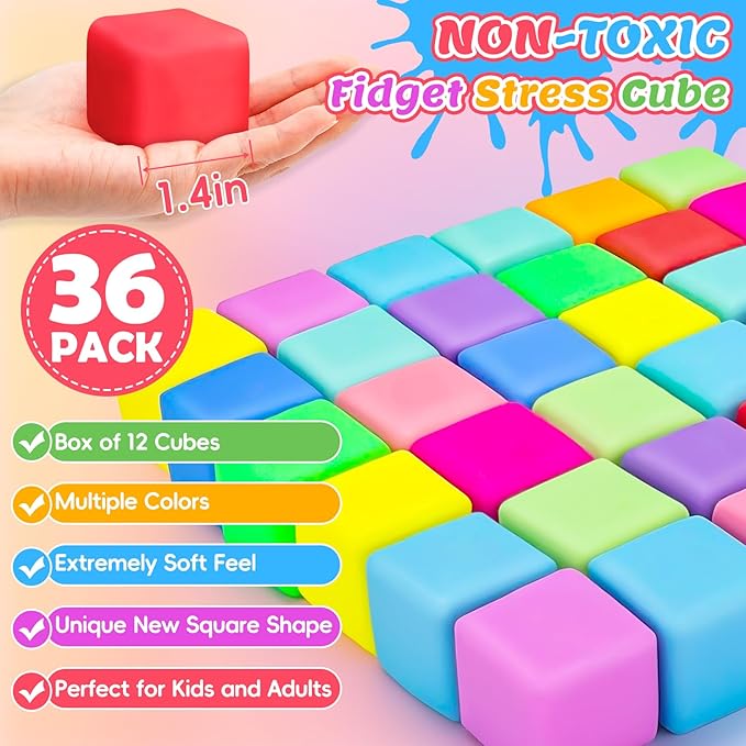 VISCOO 36 Pack Slow Rising Stress Cube, Stress Balls Fidget Squishy Toys | Squeeze Toy for Anxiety Relief, Pull Stretch Squishy Ball for Classroom Prize, Party Favors for Kids Adults