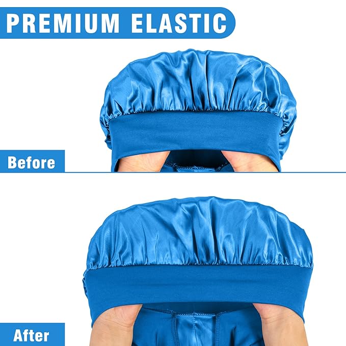 2Pcs Bonnets for Black Women Braid Bonnet, Large Long Satin Bonnet for Braids, Silk Bonnet with Stretchy Tie Band Sleep Cap Hair (2Pcs-Black&Blue)