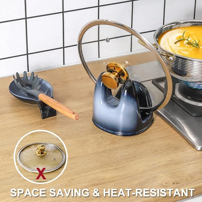 Nihow Pot Lid Holder: Stable Ceramic Pan Lid Holder for Kitchen Counter Decor/Counter top/Stove Top- Heat Resistant & Dishwasher Safe - Elegant Grey (1 PC)